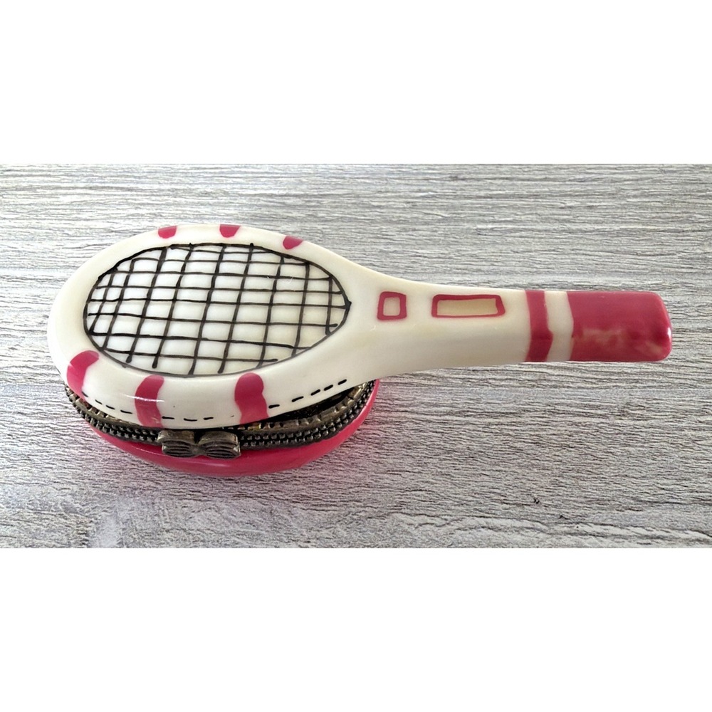 Tennis Racquet Trinket Box Pink & White Racket Hinged With Yellow Ball